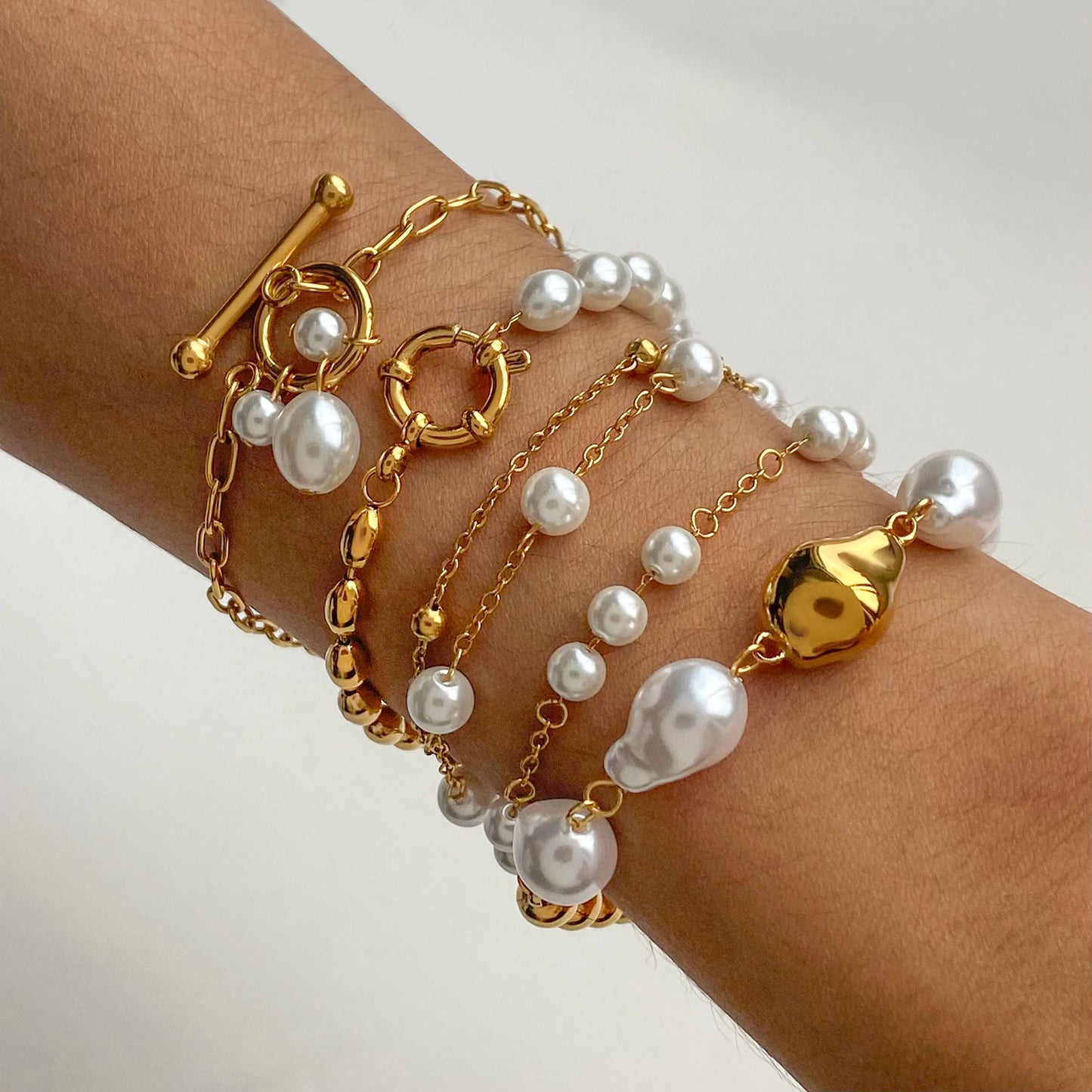 18K Gold Plated Bead Chain Irregular Shaped Glass Pearl Bracelet Chain Women Stainless Steel Rust Proof Anti Allergic Jewelry