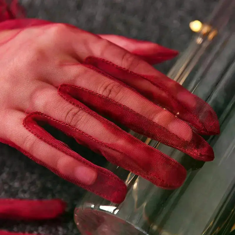 Women Short Tulle Gloves Sexy Lace Mittens Tulle Full Finger Gloves Lady Driving Glove Transparent Mittens Wedding Bridal Gloves