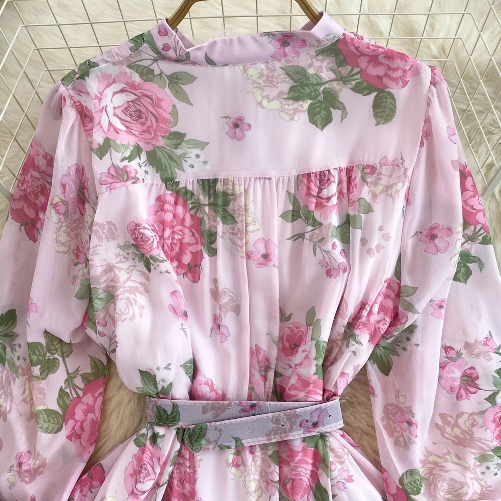 Spring Autumn Women Floral Chiffon Long Dress Vintage Purple/Pink/Black/Beige Stand Collar Single Breasted Maxi Robe Elegant New Viralgem Store