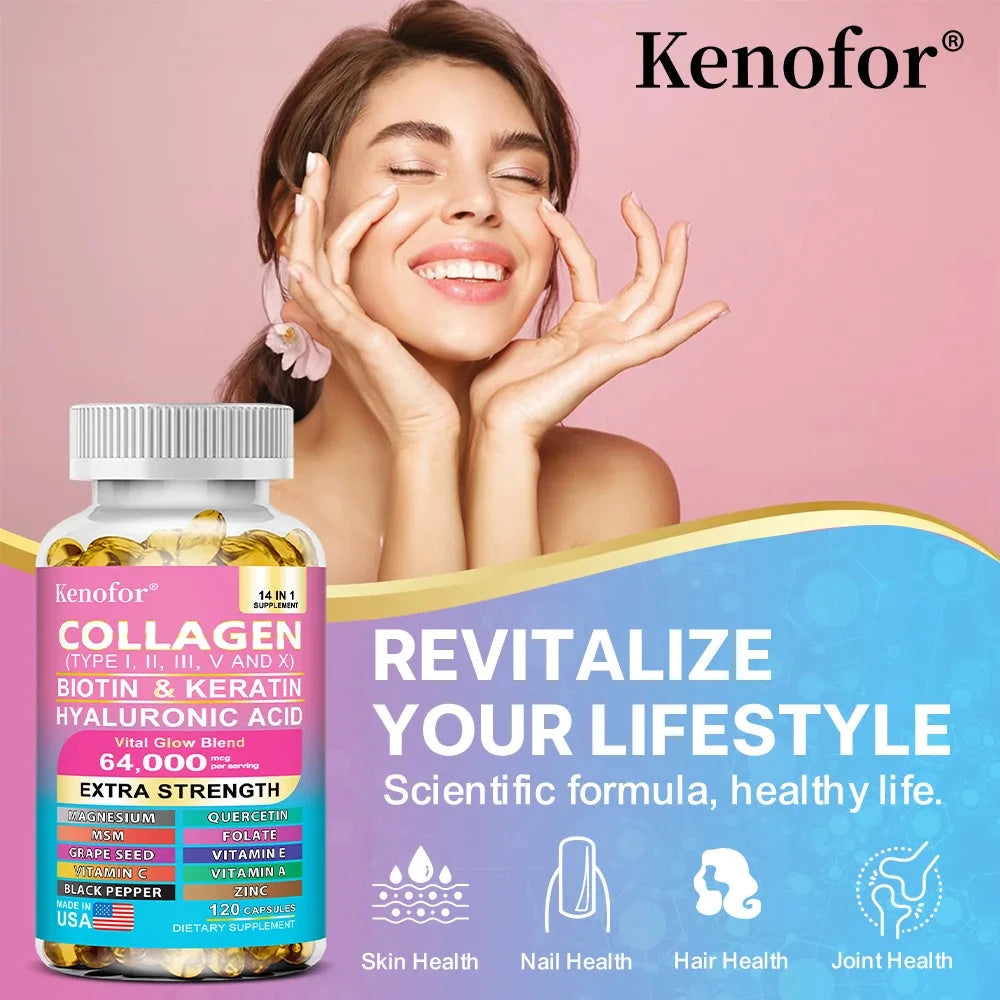 14 IN 1 Collagen Capsules - Biotin & Keratin Skin Care Product Booster Anti Aging Whitening Skin Nail and Hair Care Supplement Viralgem Store