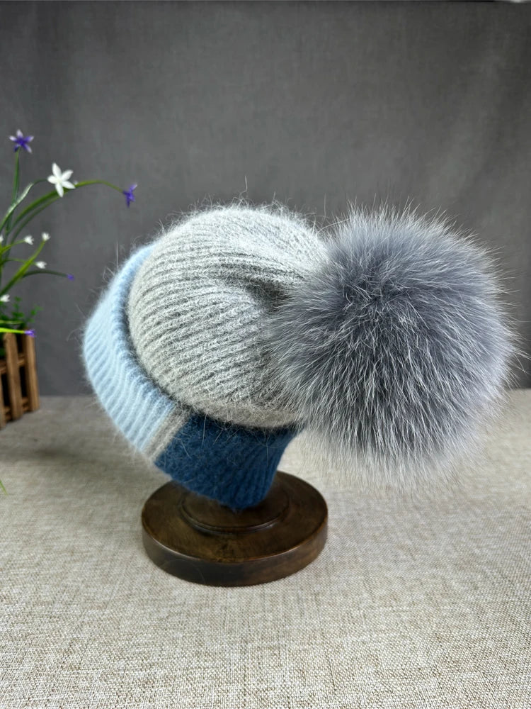 2024 New Rabbit Fur Beanies Soft Warm Fluffy fur pompom Winter Hat for Women Angora Knitted Hat Skullies Female Bonnet Knit Cap Viralgem Store