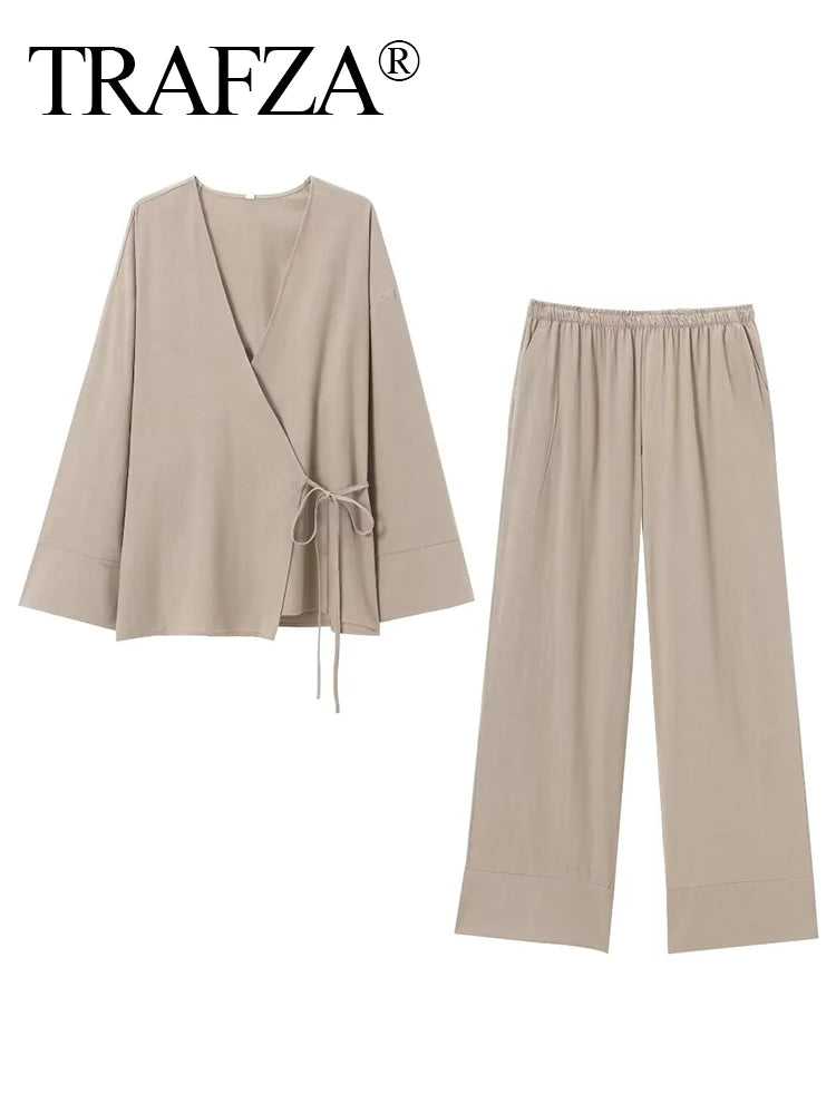 TRAFZA 2024 Women Fashion Solid Shirt Pant Set Asymmetric Laced Up Blouse Top+Elastic Waist Loose Wide Leg Pant 2 Piece Suits