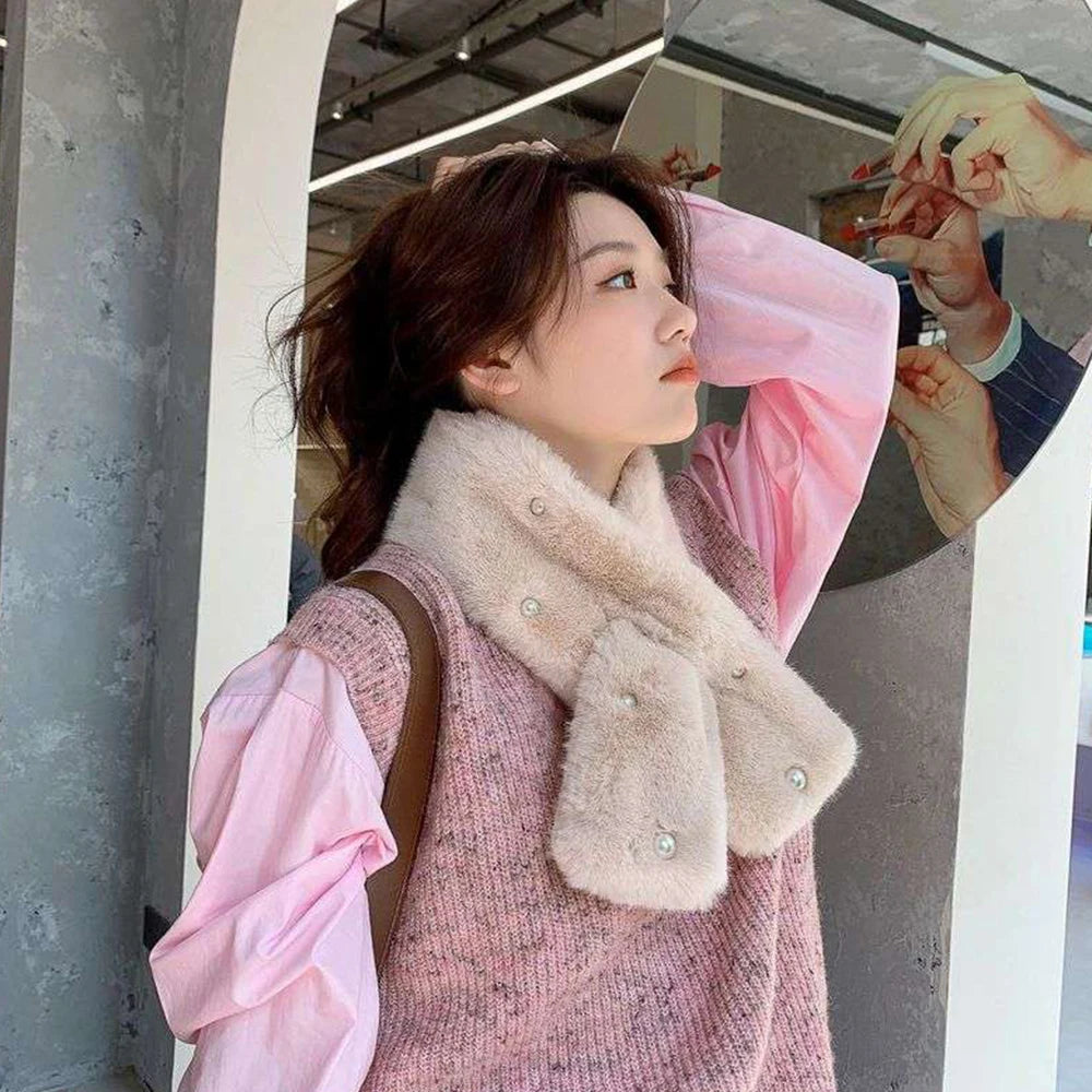2023 Pearl Faux Rabbit Fur Scarf Women Cute Neck Warmer Winter Warm Soft Furry Scarves Outdoor Windproof Cross Scarf Collar New