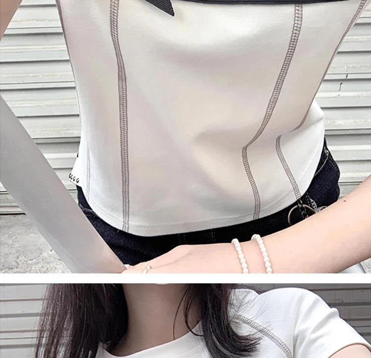 Yedinas High Quality Cotton T Shirt Women Clothes Korean Fashion Summer Tops Short Sleeve Bow Bright Line Decoration Tees Y2k