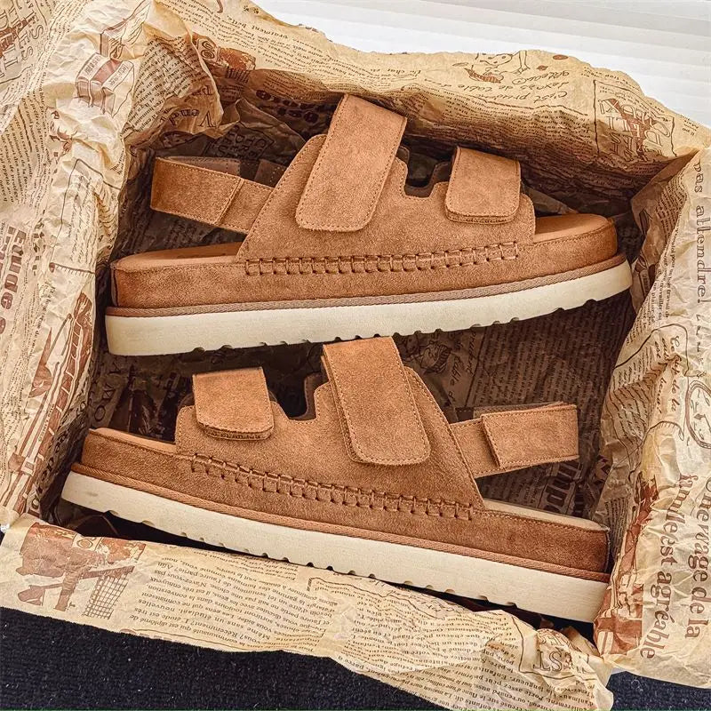 2024 Men Cowhide Non-Stuffy Feet Fashion Sandals Summer New Couple Thick Bottom Increased Super Soft Outdoor Slippers Women