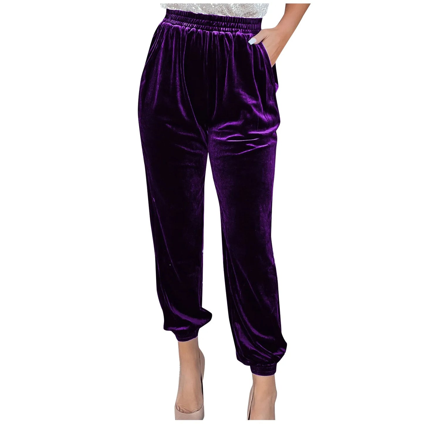 Women's Velvet Pants High Waist Loose Wide Leg Pants Casual Elastic Waist Velour Long Trousers with Pockets
