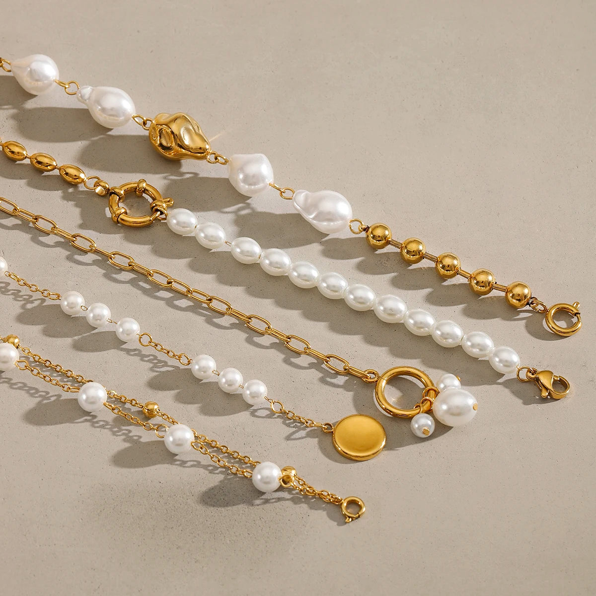 18K Gold Plated Bead Chain Irregular Shaped Glass Pearl Bracelet Chain Women Stainless Steel Rust Proof Anti Allergic Jewelry