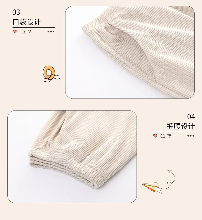 SUKAE Waffle Cotton Korean Minimalist Style Women Pajamas Spring Autumn Long Sleeves Lady Sleepwear Kawaii Round Neck Homesuits