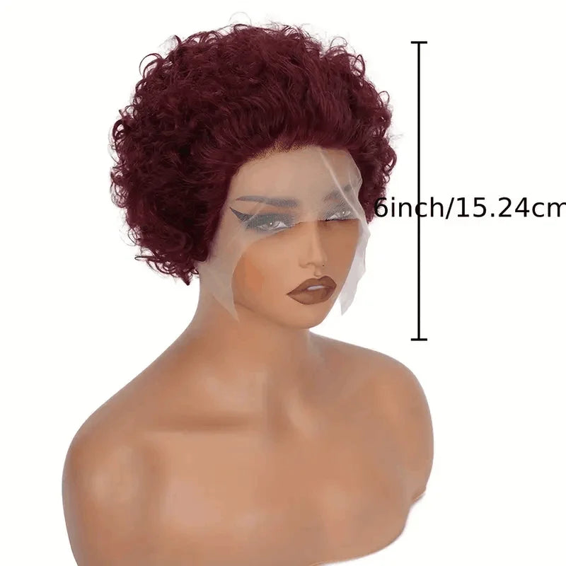 99j Red Short Curly Wigs Pixie Cut Lace Front Wigs 6 inch Human Hair 13X1 Pixie Burgundy Human Hair Wigs For Women Pixie Wig