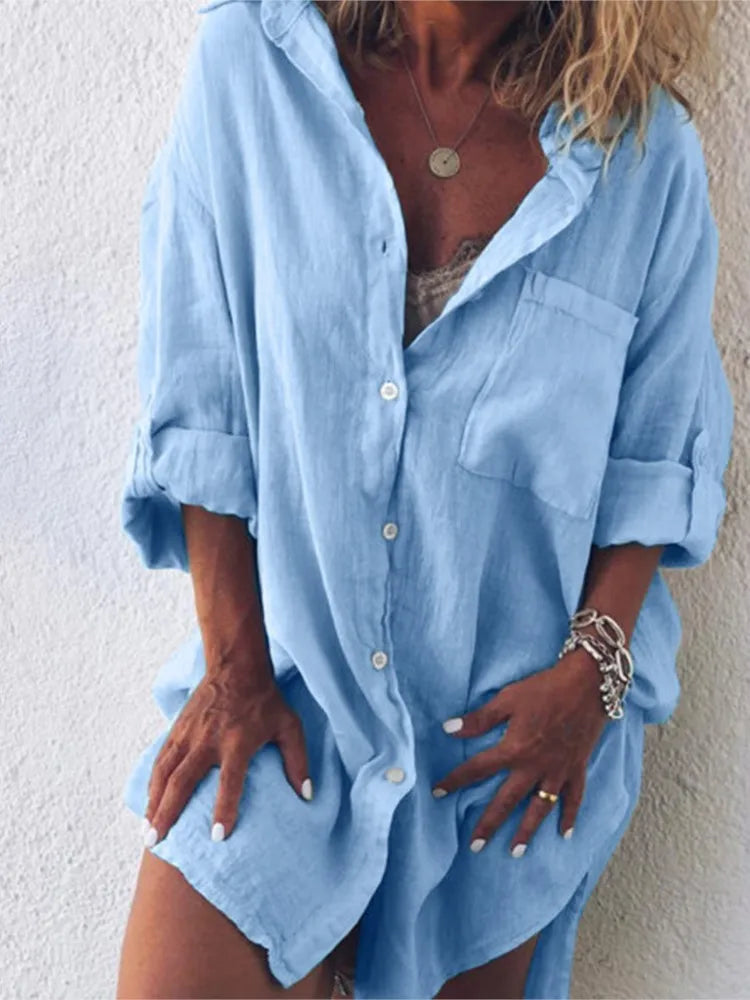 Women's Summer New Fashion Cotton Linen Pocket Beach Button Long Sleeved Shirt Casual And Comfortable Plus Size Women's Clothing Viralgem Store