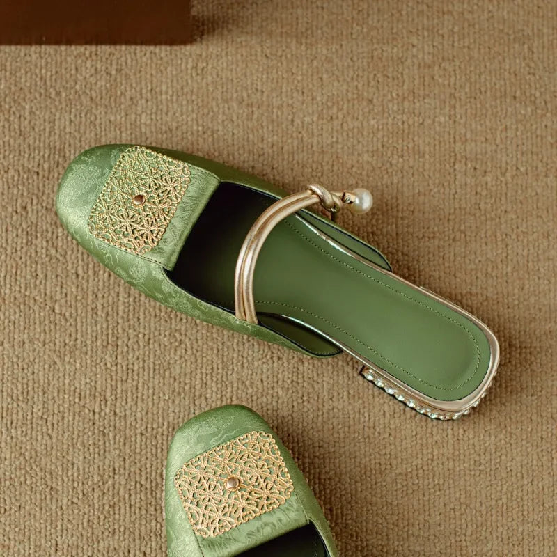 2024 Summer Elegant Sandals Women New Rhinestones Fashion Dress Half Slippers Baotou Women's Temperament Chinese Style Slippers