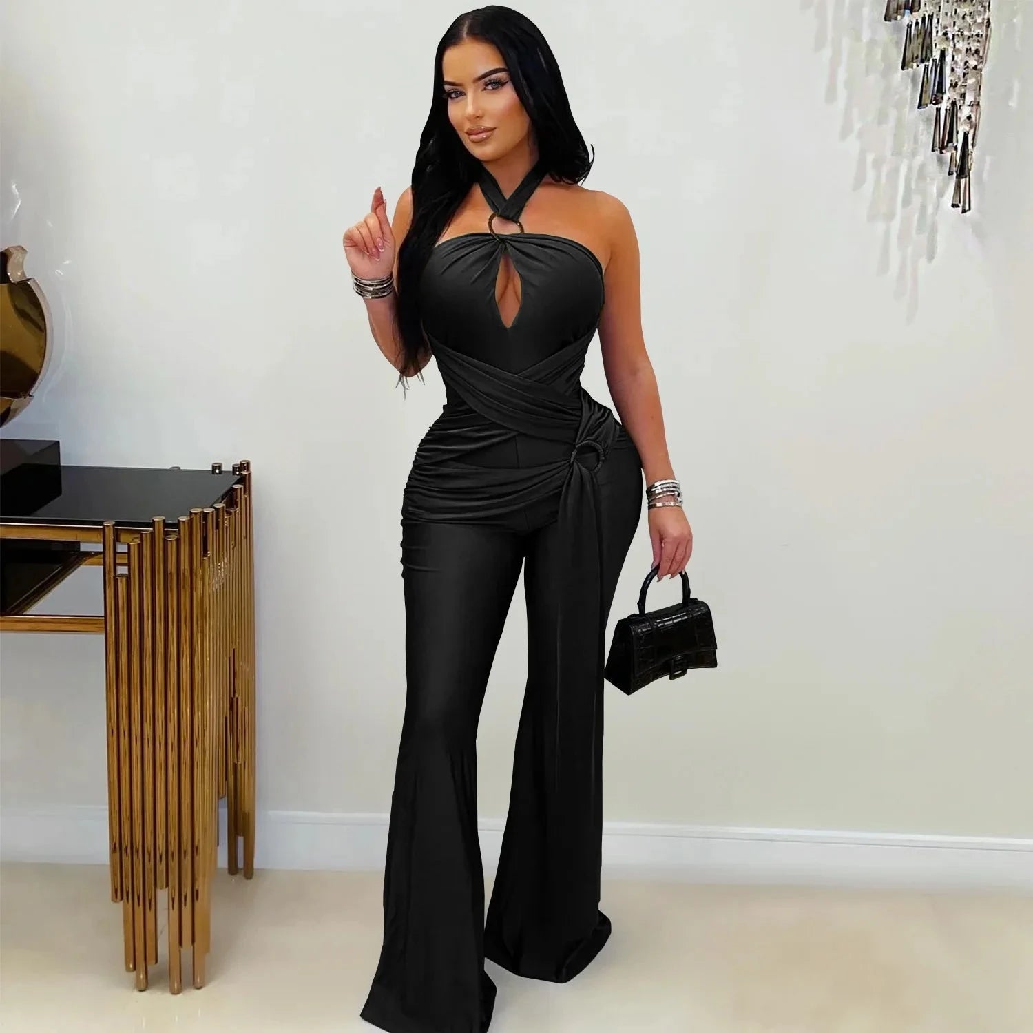 HLJ Sexy Hollow-out Bandage Patchwork Bodycon Jumpsuit Women Halter Sleeveless Backless Rompers Female Streetwear Overalls New Viralgem Store