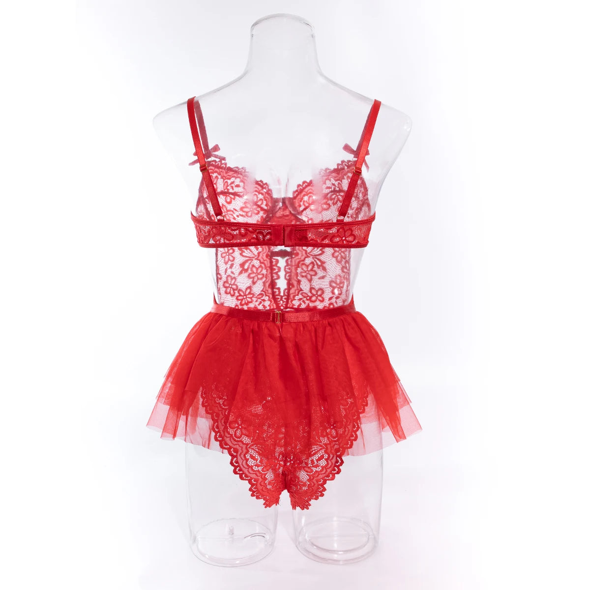 Yimunancy Lace Lingerie Set Women 2-Piece Red Backless Bodysuit Mesh Ball Gown Bow Panty Intimates Valentine Day