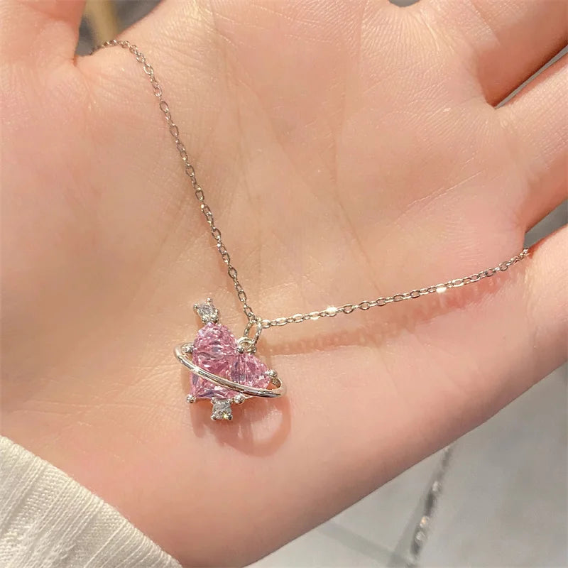 Y2K Pink Planet Heart Zircon Pendant Necklaces Women Fashion Aesthetic Clavicle Chain Necklace Valentines Day Gift Party Jewelry Viralgem Store