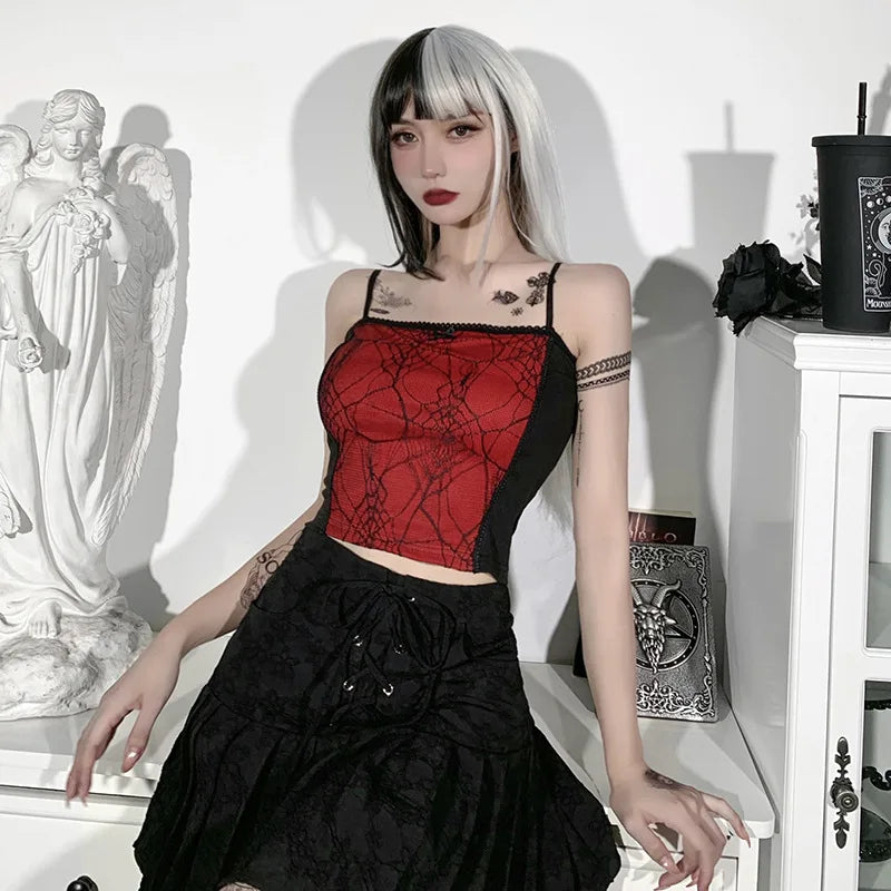 2024 Vintage Gothic Cami Tops Women Mesh Spider Net Lace Tank Vest Female Summer Sexy Club Crop Tops Harajuku 2000s clothes