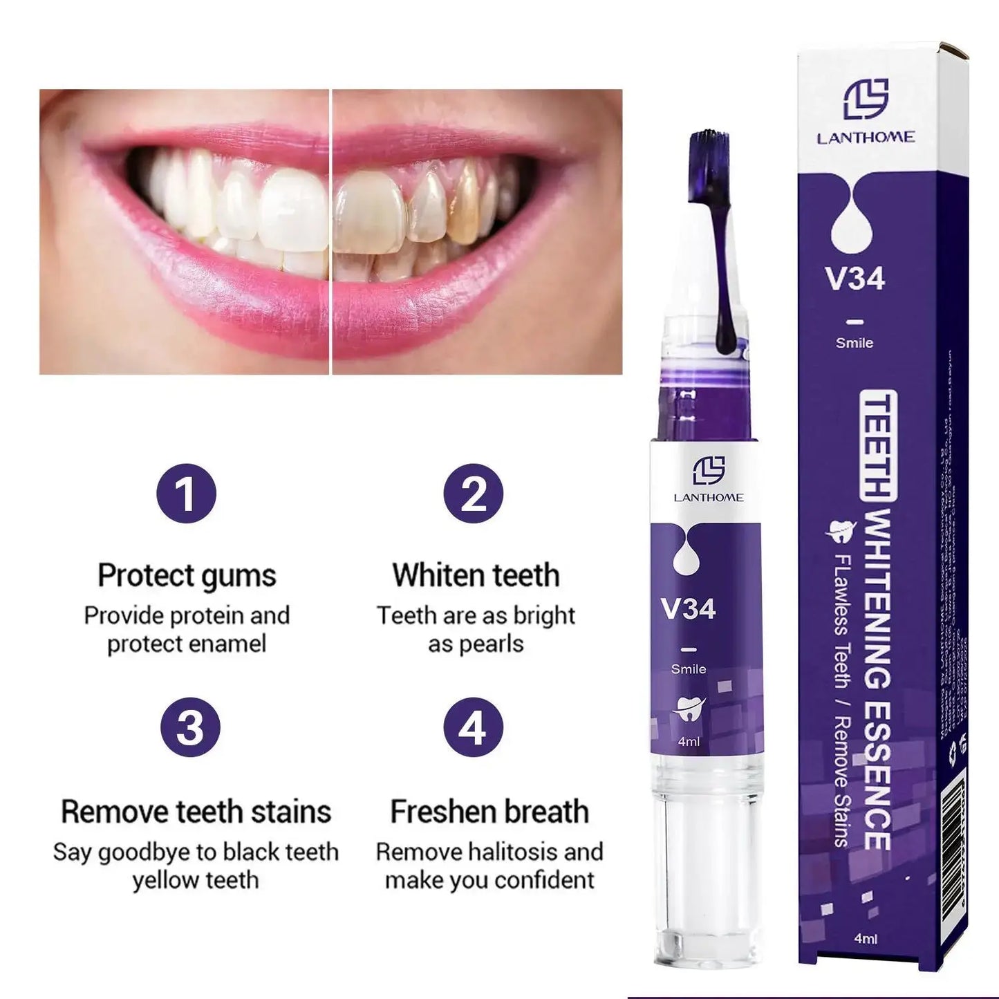 V34 Purple Teeth Whitening Toothpaste Remove Plaque Stains Cleaning Oral Hygiene Dental Bleach Tools Fresh Breath Beauty Health