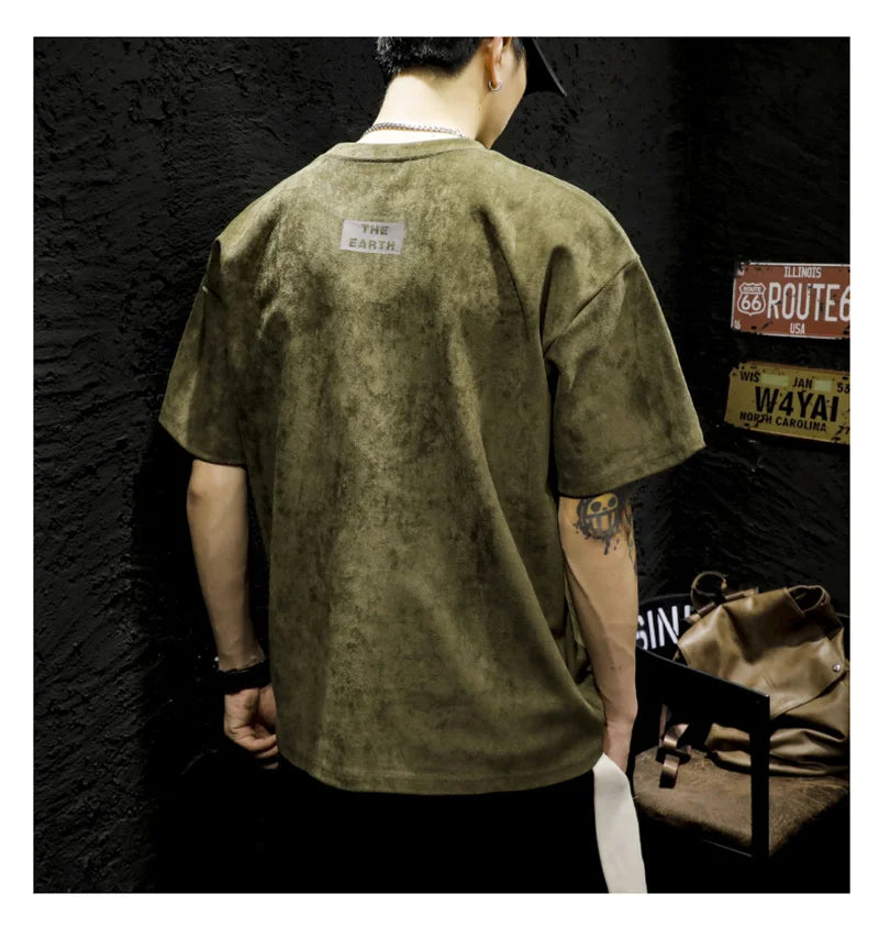 Summer Graphic Printed Suede Short Sleeve T-shirt For Men 2024 New Y2K Streetwear Oversized Tee Shirts Hip Hop O-Neck Tops