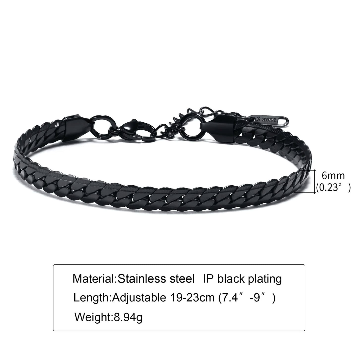Vnox 6mm Stainless Steel Flat Cuban Chain Bracelets for Men, Adjustable Miami Curb Links Bracelet, Casual Punk Wrist Jewelry