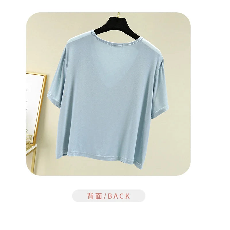 Women's T-shirt Modal V-Neck Short sleeves Tops Summer Casual T Shirts  Solid color Loose basic Bottoming Tees