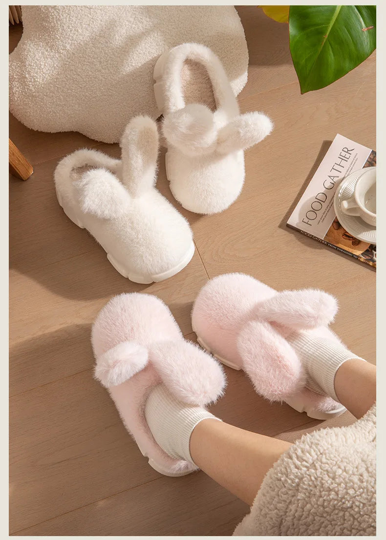 8 cm High platform fur slippers women's winter fluffy ear home shoes woman white bunny rabbit slippers woman house clog shoes