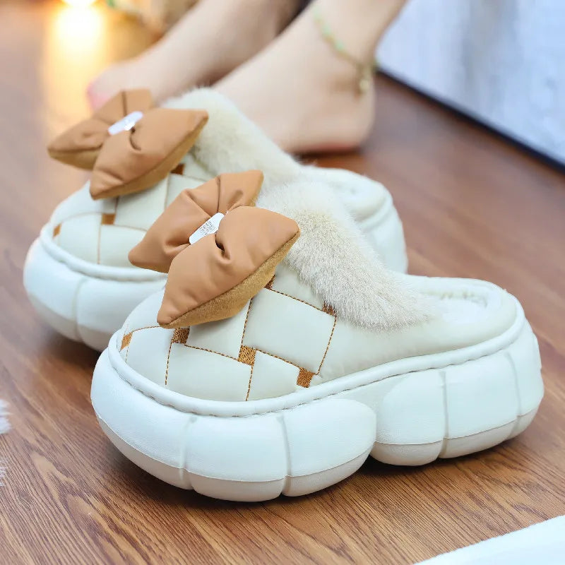 8 cm High platform fur slippers women's winter fluffy ear home shoes woman white bunny rabbit slippers woman house clog shoes