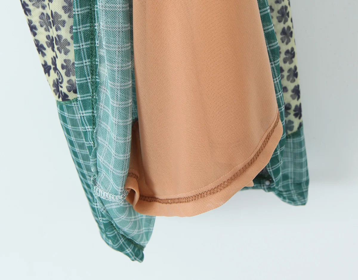 2024 Sexy Ruched Square Collar Contrast Color Plaid Flower Print Sleeveless Mini Mesh Dress Women Packages Hips A-line Tank Robe