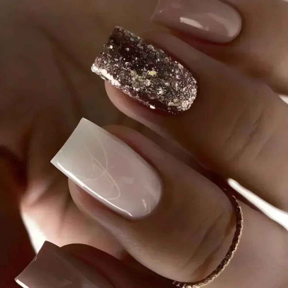 24pcs Short Square Press on Nails Jade Flower Sparkling Powder Designs Fake Nails with Glue Green Gradient Full Cover Nail Tips