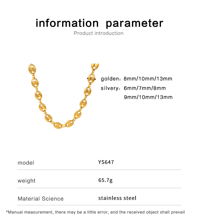 USENSET Coffee Bean Stainless Steel Bracelet Waterproof Link Chains 8-11MM Handmade Jewelry Gold Color Gifts 7-34inch