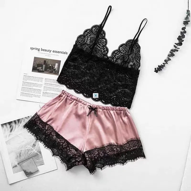 1 Set Women's Sexy Fashion Casual Lace Sleepwear Lingerie Tops Shorts Set Ladies Erotic Babydoll Pajamas Nightwear Underwear New