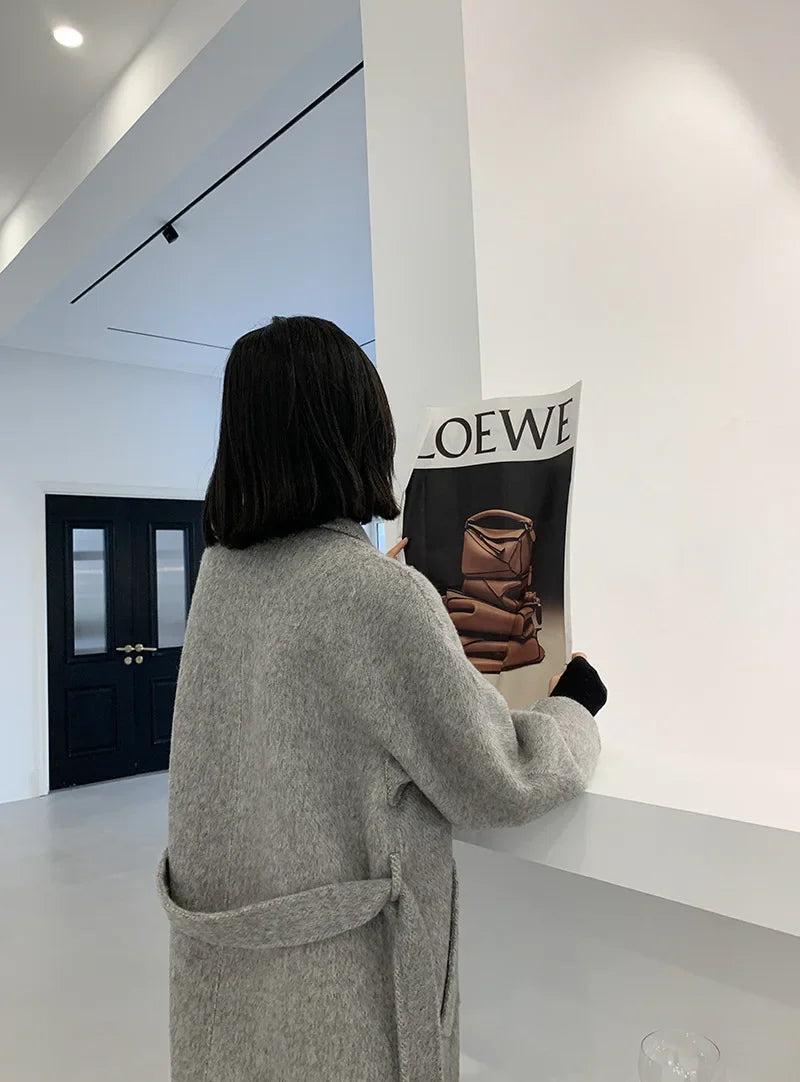 2024 Autumn Winter Wool Coat Women Double-breasted Solid Color Women's Double-sided Woolen Belt Coats Loose Warm Wool Jacket