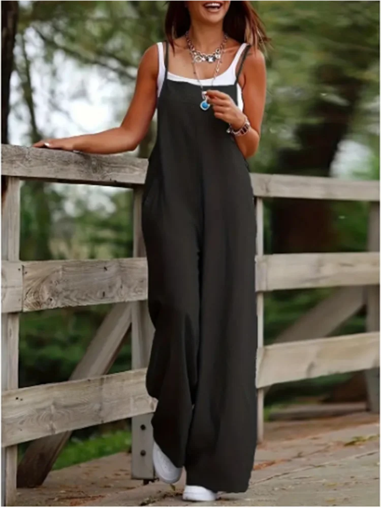 Women's Sleeveless Jumpsuit with Suspender Loose Casual Pocket Monochromatic Summer Viralgem Store