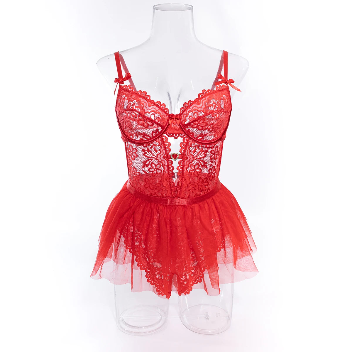 Yimunancy Lace Lingerie Set Women 2-Piece Red Backless Bodysuit Mesh Ball Gown Bow Panty Intimates Valentine Day