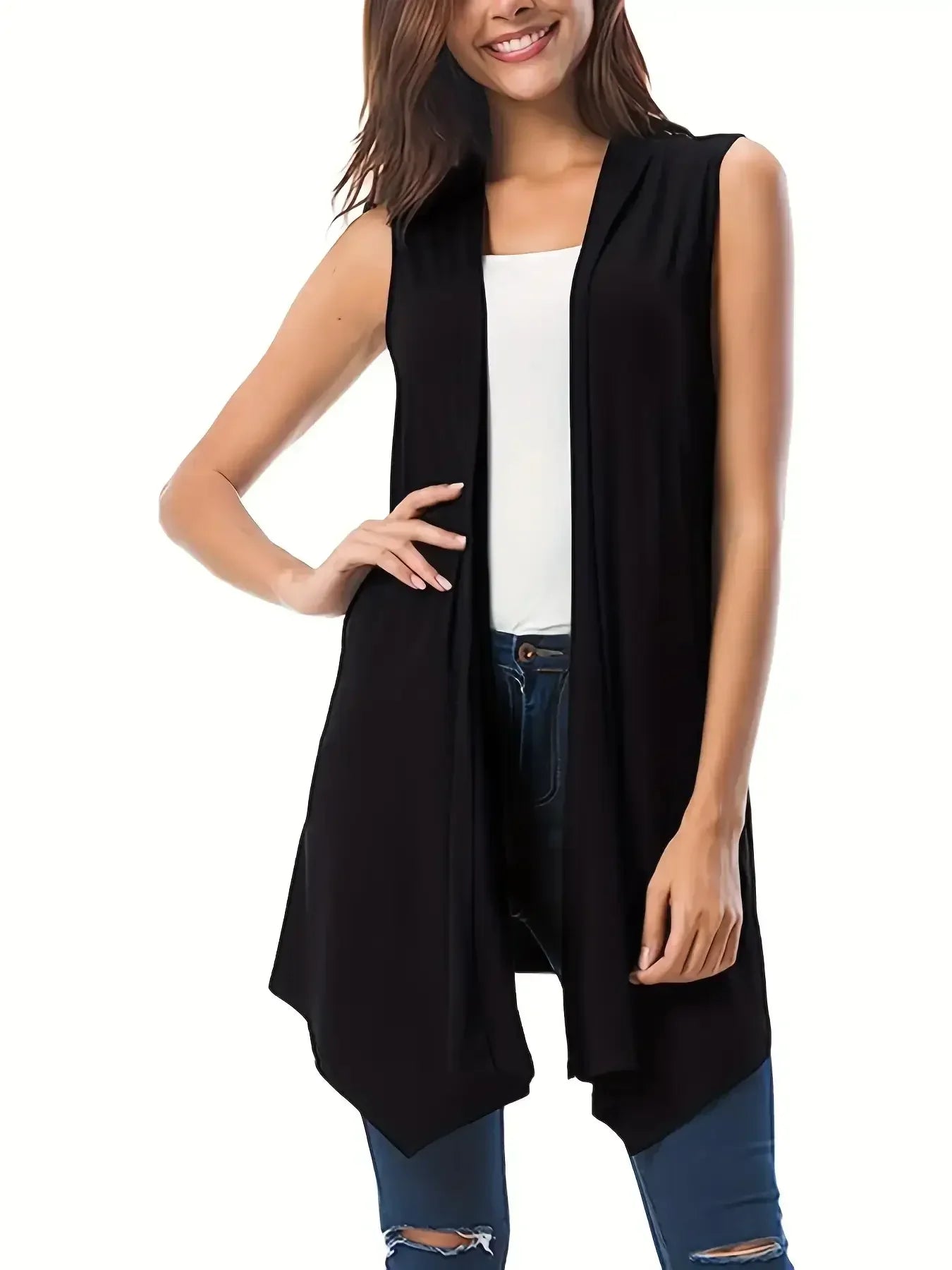 Women's Plus Size 1XL-5XL Fashionable Asymmetrical Hem Sleeveless Cardigan Versatile Solid Color Casual Cardigan Simple Cardigan