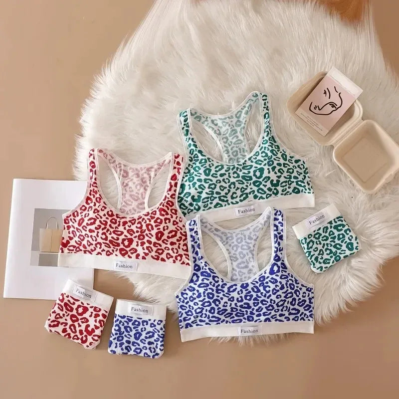 Women Seamless Bra Set Low Waist Panties Leopard Bralette Sexy Lingerie Set Vneck Sport Brassiere Female Cotton Underwear Set