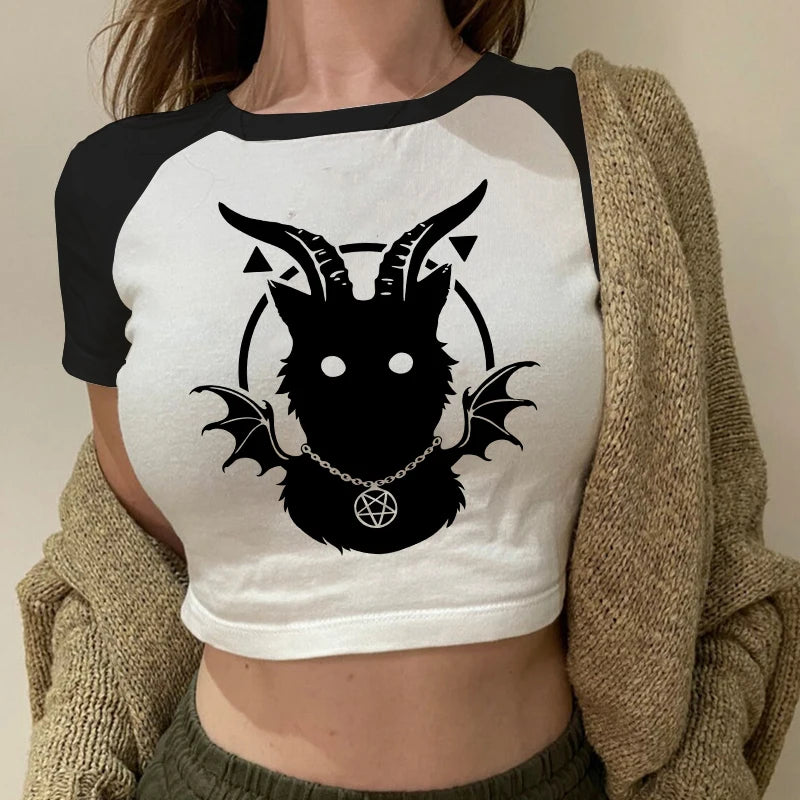 Y2k Fairy Grunge Emo Sexy Gothic Crop Top Vintage Harajuku Black Short Sleeve O-neck T Shirts Aesthetic Clothes Streetwear Tanks