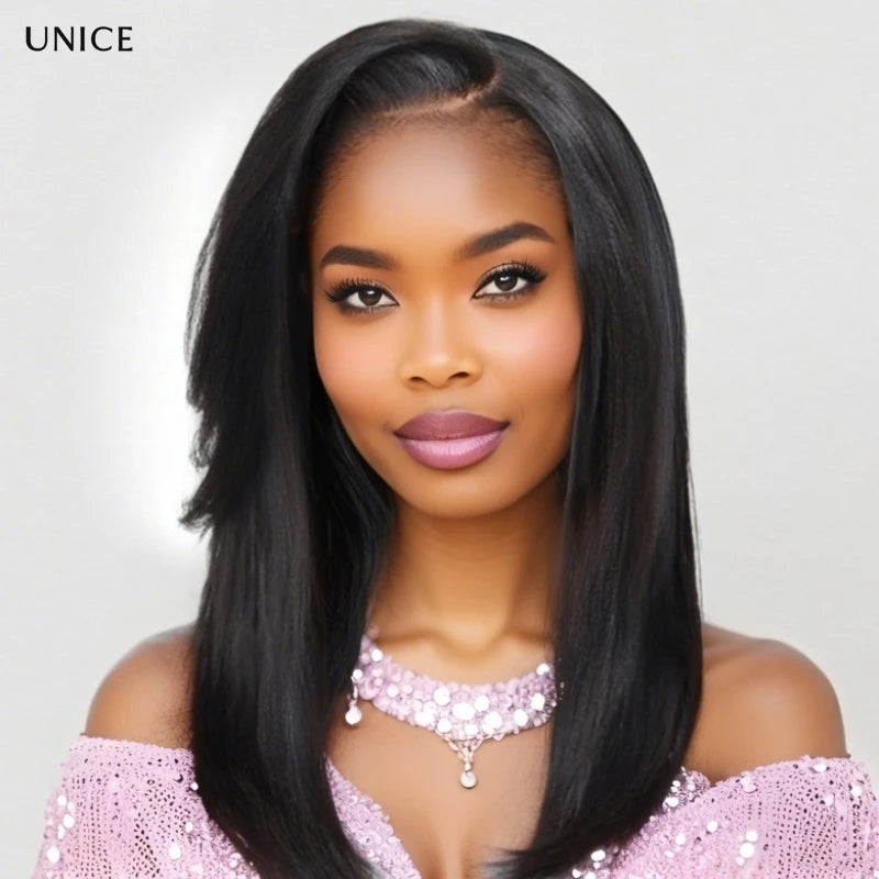 Unice Human Hair Yaki Straight Wig with Side Swept Bangs 7x5 Bye Bye Knots Glueless Lace Wigs Viralgem Store