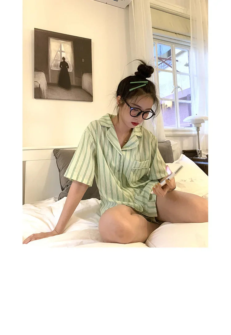 Summer Short Sleeve Shorts Pajama Set Women's Pajamas Sweet Students Can Wear Home Clothes Set Korean Style 2024 Hot Sale Spring