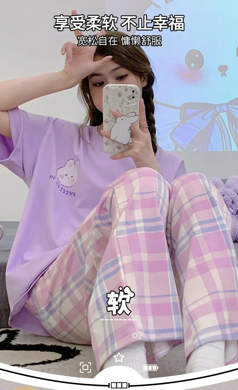 Spring Summer Women Pajamas Soft Cotton Cute Rabbit Print Pijamas Short Sleeved Plaid Pants Sleepwear Fashion Home Wear