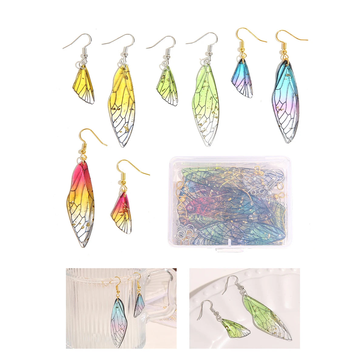 1 Set/Box Mixed Color Resin Drop Glue Size Butterfly Wings Gold Silver Ear Hooks Single Ring Set Box Handmade DIY Making Pendant