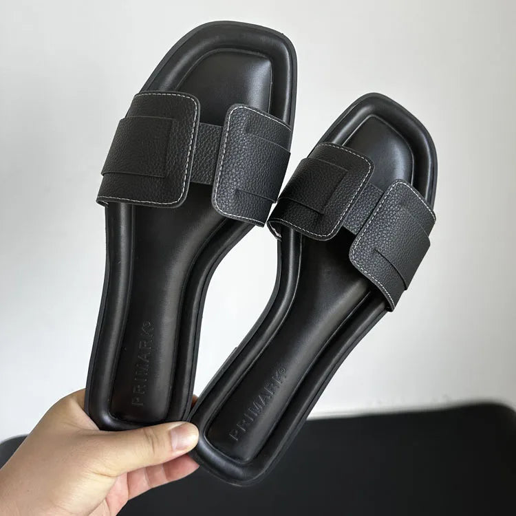 2024 Women Modern Slippers Summer Outdoors Comfortable Flat Slippers Luxury Leather Slippers Casual Slides Shoes Females Sandals