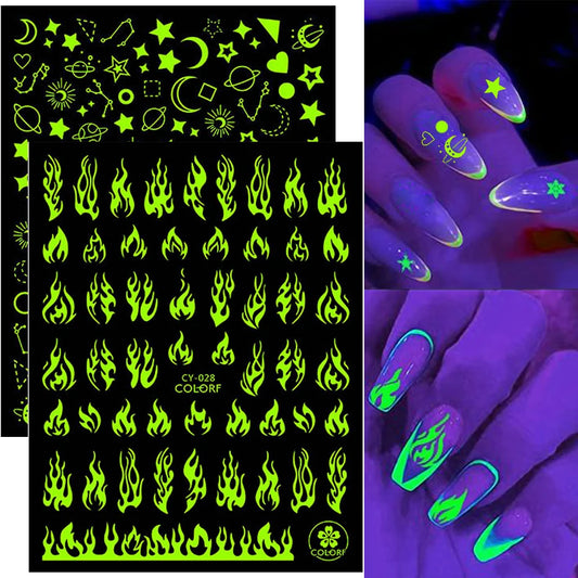 1pcs 3D Luminous Nail Stickers Flame Butterfly Star Moon Glitter Design Glow in The Dark Slider Manicure Decorations JICY028-036