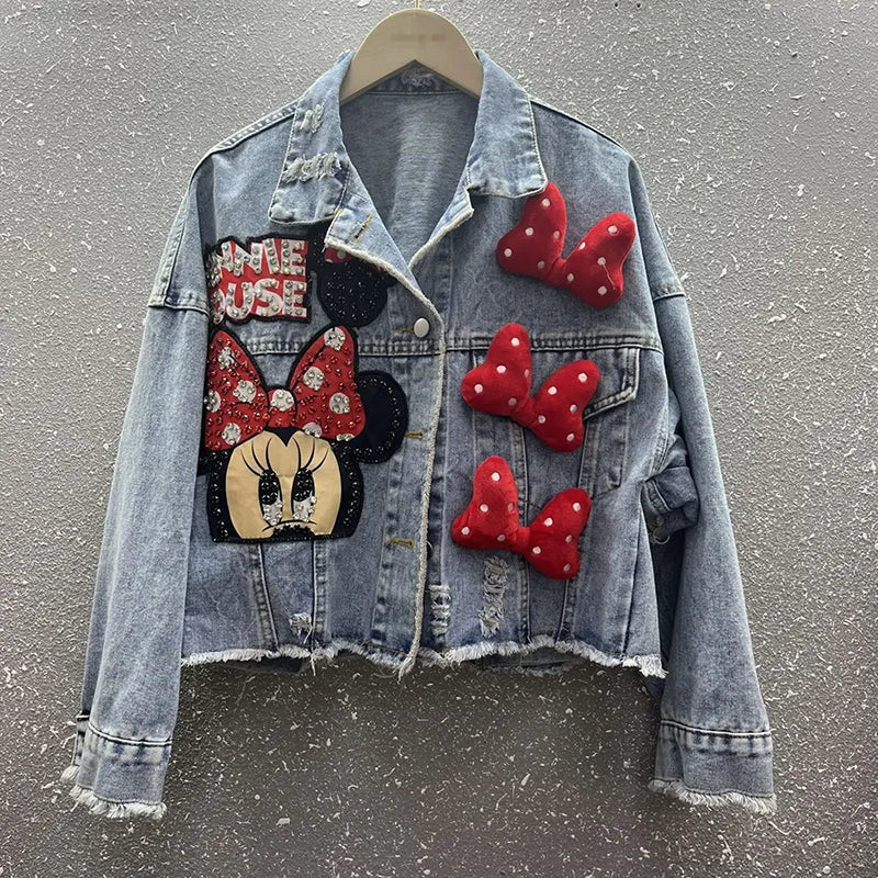 2024 New Women Coat Cartoon Sticker Embroidered Sequin Short Denim Jacket Loose Bowknot Top