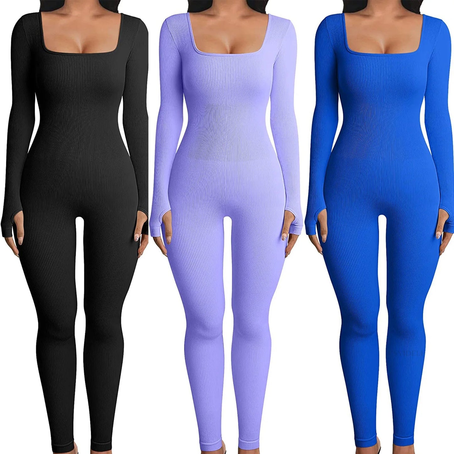 Women Elegant Skinny Jumpsuits Fall Winter Solid Ribbed Knit Long Sleeve Jumpsuit Y2k Square Neck Bodycon Sport Playsuits Female Viralgem Store