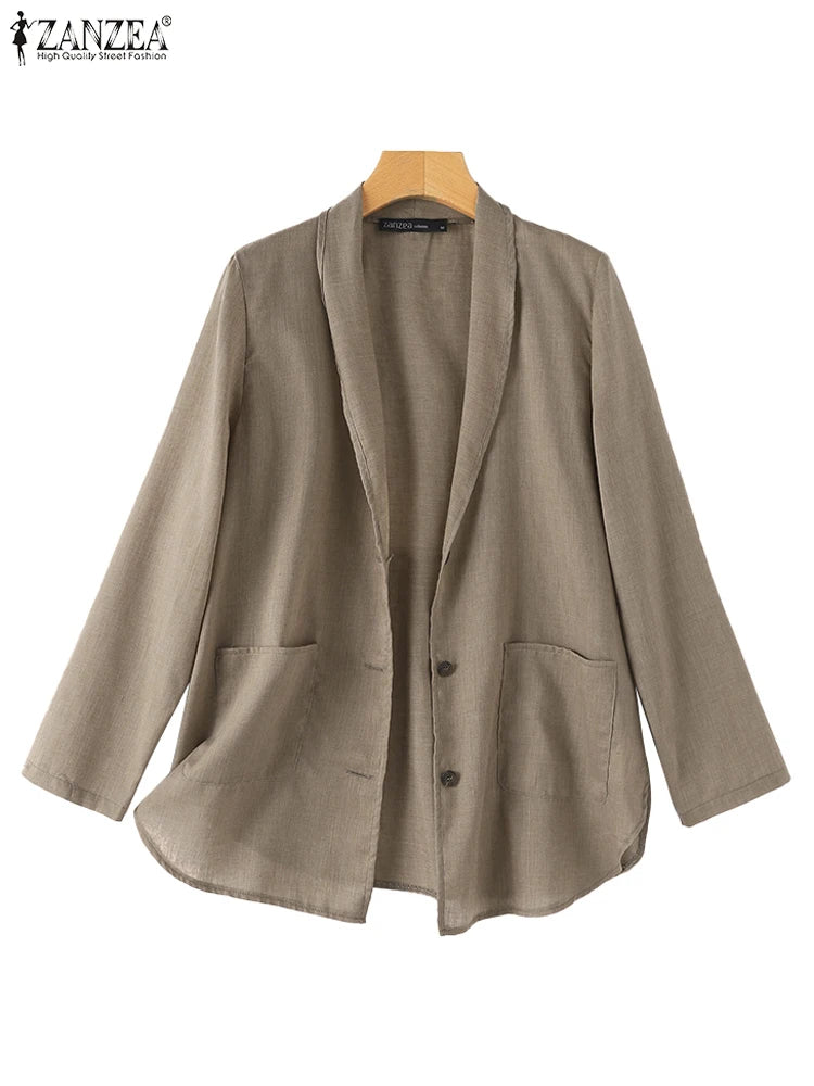 Women Solid Blazer 2024 Autumn ZANZEA Fashion Long Sleeve Outerwear Casual Loose Lapel Collar Coat Vintage Pocket Thin Jackets