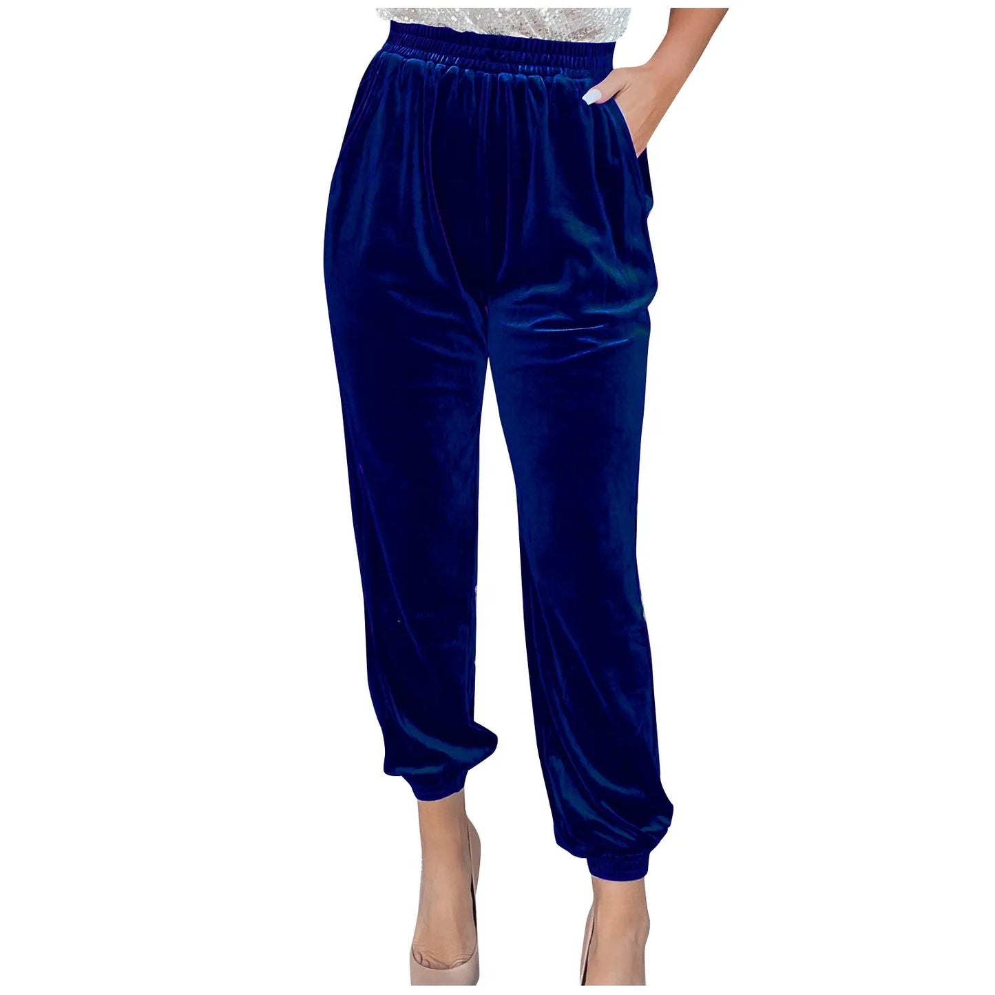 Women's Velvet Pants High Waist Loose Wide Leg Pants Casual Elastic Waist Velour Long Trousers with Pockets