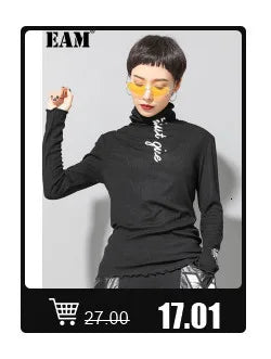 [EAM] Loose Fit Black Denim Big Size Sweatshirt New High Collar Long Sleeve Women Big Size Fashion Spring Autumn 2024 1K166