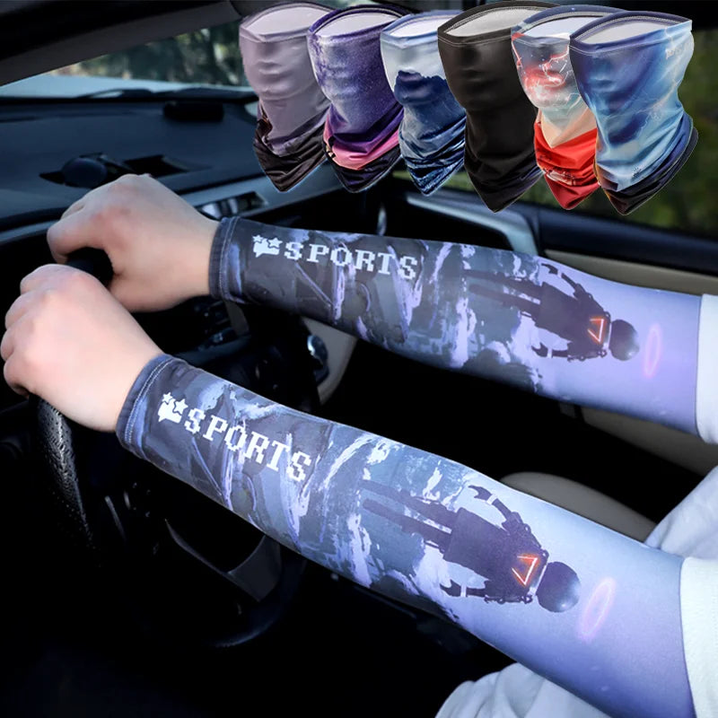 3D Designer Cooling Arm Sleeves And Mask Men Summer Ice Silk Sunscreen Oversleeve Mask Outdoor Cycling Runnig Anti-UV Arm Covers