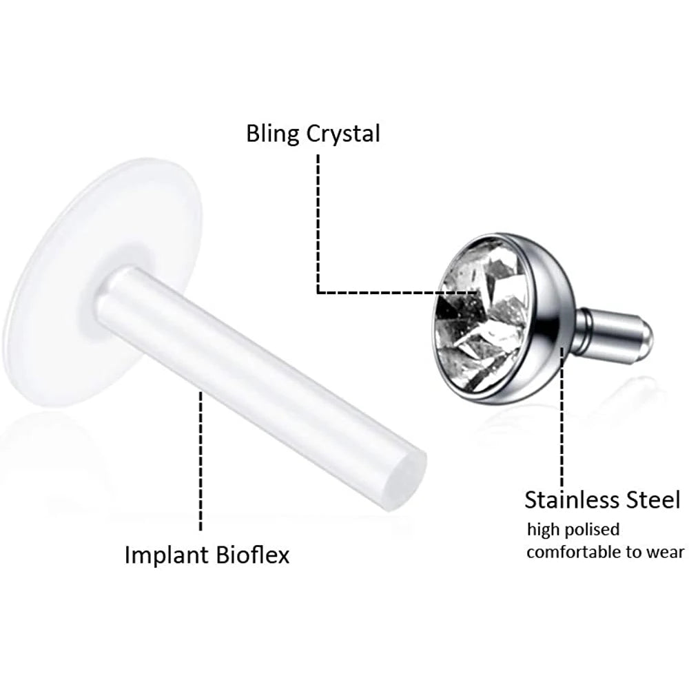 WKOUD 16g Stainless Steel Lip Labret Piercing Crystal Ball Monroe Lip Stud Helix Tragus Conch Cartilage Earrings 6/8/10mm