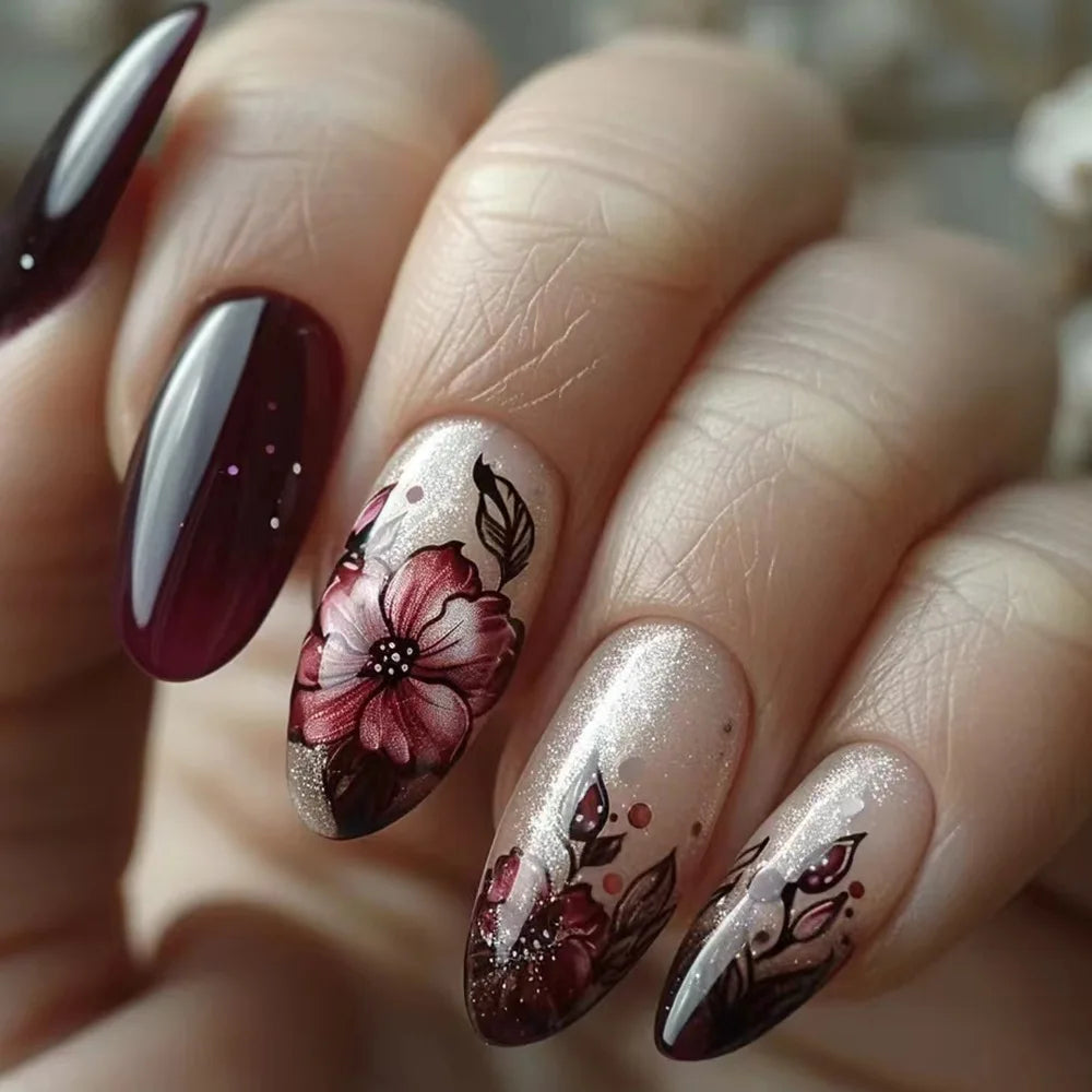 24Pcs Autumn Winter Matte Almond False Nails with Glue Rose Leaf Printing Nail Art Simple Full Cover Press on Acrylic Nails Tips Viralgem Store