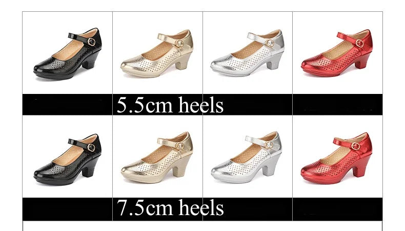 5.5cm 7.5cm Small Size 33 Breathable Cutout Block Heels Shoes Mary Janes 2024 Soft Leather Platform Pumps for Mom Dance Model